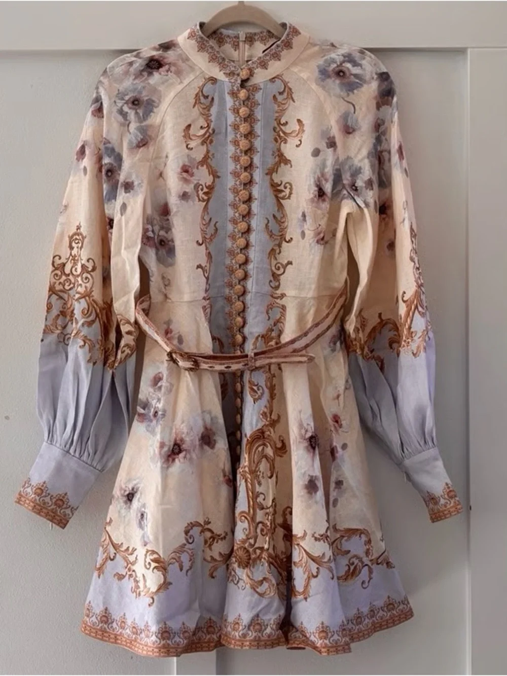 Zimmermann Cream and Light Blue Floral Scroll Tie-Waist Mini Dress